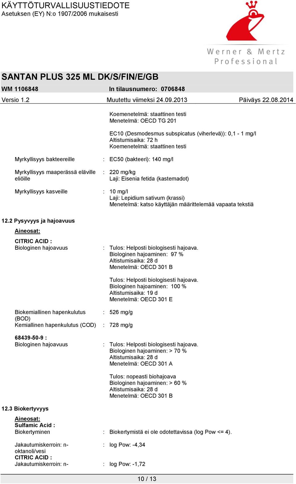 määrittelemää vapaata tekstiä 12.2 Pysyvyys ja hajoavuus Aineosat: CITRIC ACID : Biologinen hajoavuus : Tulos: Helposti biologisesti hajoava.