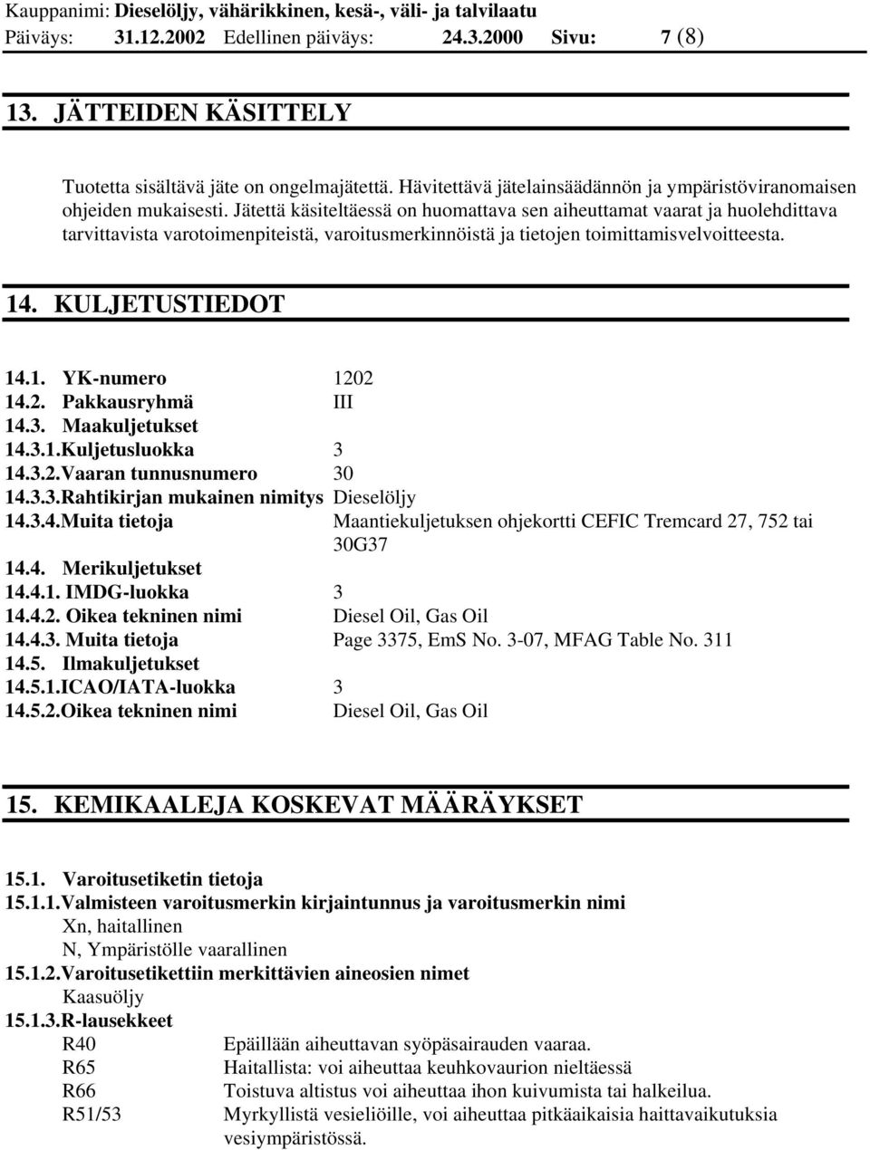 Jätettä käsiteltäessä on huomattava sen aiheuttamat vaarat ja huolehdittava tarvittavista varotoimenpiteistä, varoitusmerkinnöistä ja tietojen toimittamisvelvoitteesta. 14. KULJETUSTIEDOT 14.1. YK-numero 1202 14.