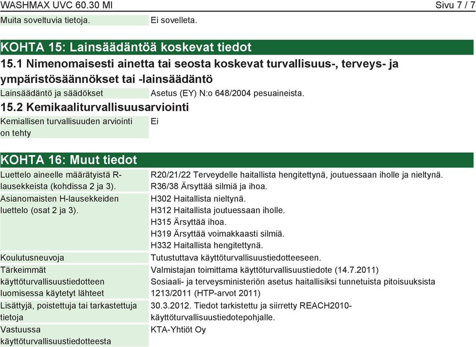 2 Kemikaaliturvallisuusarviointi Kemiallisen turvallisuuden arviointi on tehty Ei KOHTA 16: Muut tiedot Luettelo aineelle määrätyistä R- lausekkeista (kohdissa 2 ja 3).