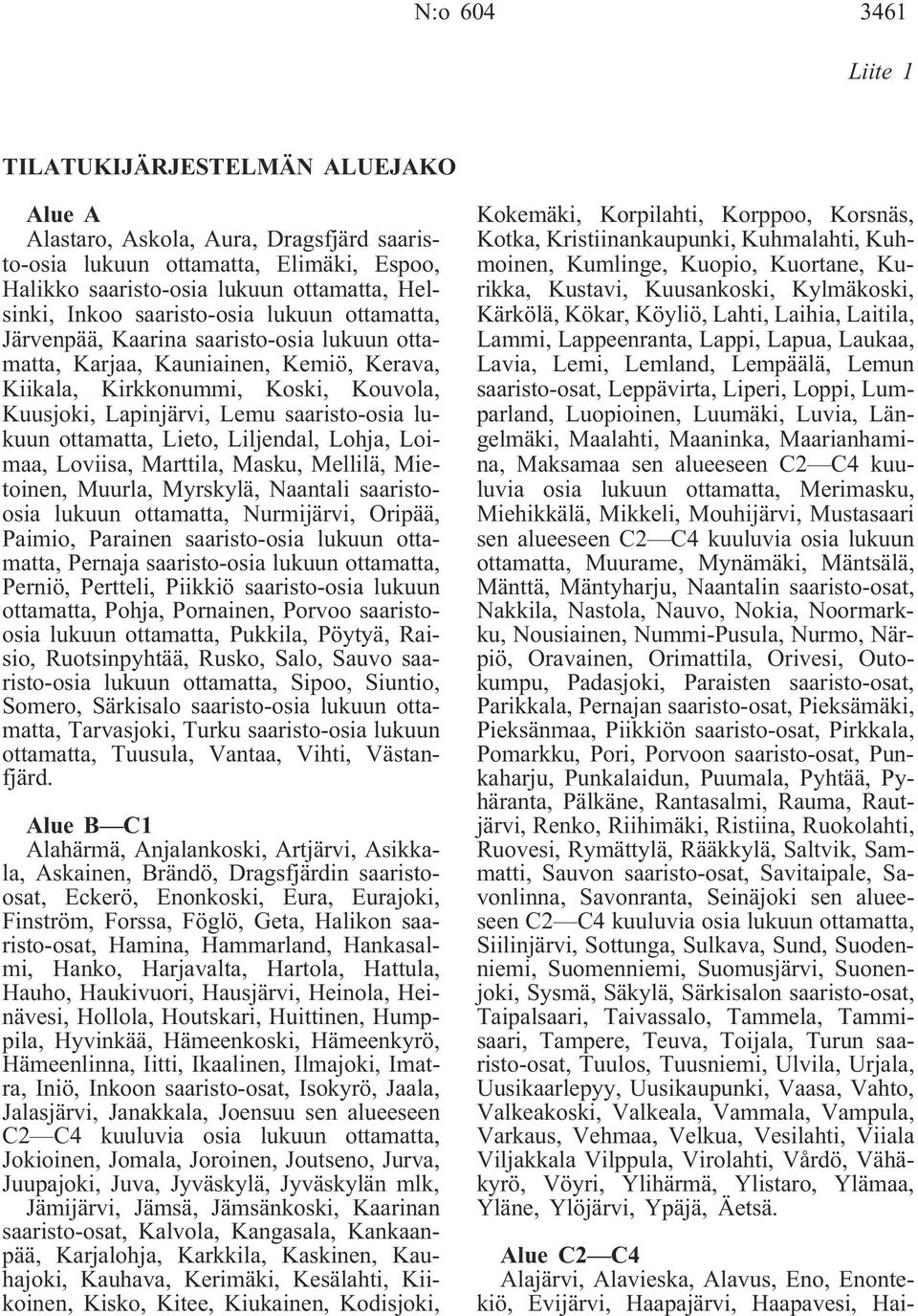 lukuun ottamatta, Lieto, Liljendal, Lohja, Loimaa, Loviisa, Marttila, Masku, Mellilä, Mietoinen, Muurla, Myrskylä, Naantali saaristoosia lukuun ottamatta, Nurmijärvi, Oripää, Paimio, Parainen