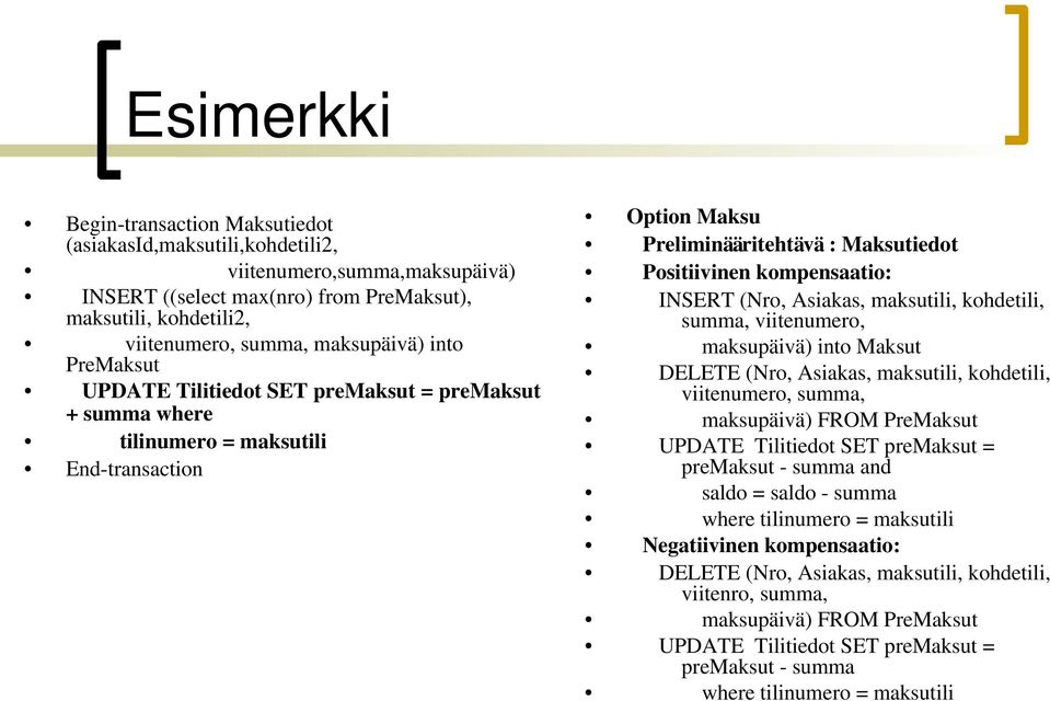 Asiakas, maksutili, kohdetili, summa, viitenumero, maksupäivä) into Maksut DELETE (Nro, Asiakas, maksutili, kohdetili, viitenumero, summa, maksupäivä) FROM PreMaksut UPDATE Tilitiedot SET premaksut =