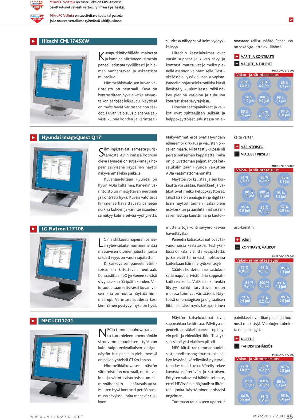 Himmeähkövaloisen kuvan värintoisto on neutraali. Kuva on kontrastiltaan hyvä eivätkä sävyasteikon ääripäät leikkaudu. Näytössä on myös hyvät väritasapainon säädöt.