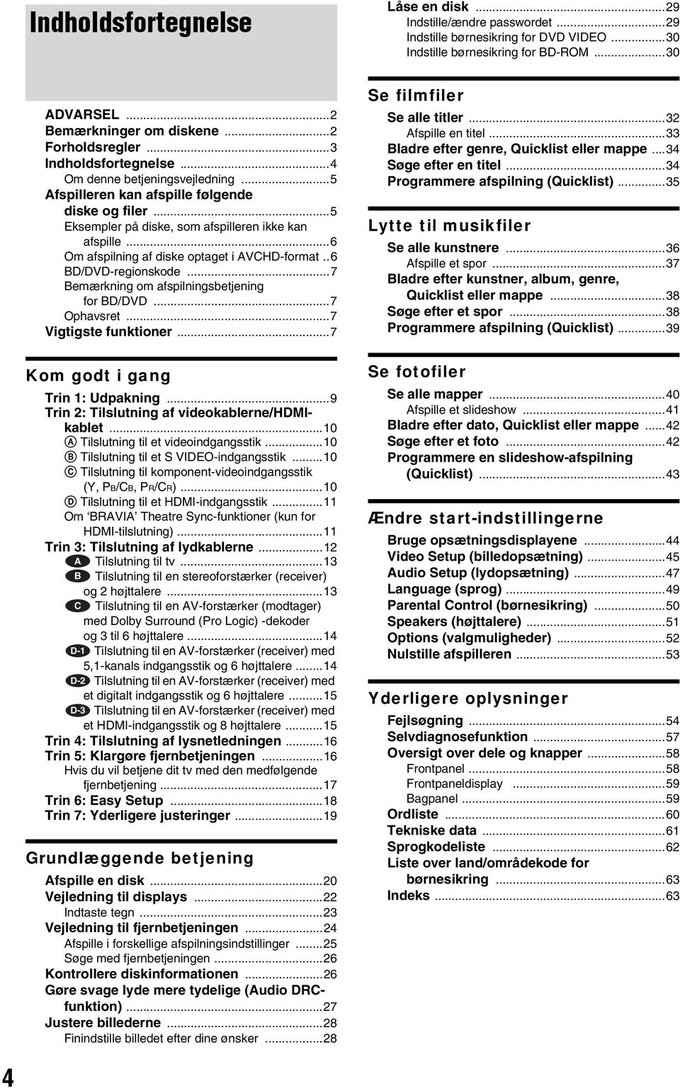 ..6 Om afspilning af diske optaget i AVCHD-format..6 BD/DVD-regionskode...7 Bemærkning om afspilningsbetjening for BD/DVD...7 Ophavsret...7 Vigtigste funktioner...7 Kom godt i gang Trin 1: Udpakning.