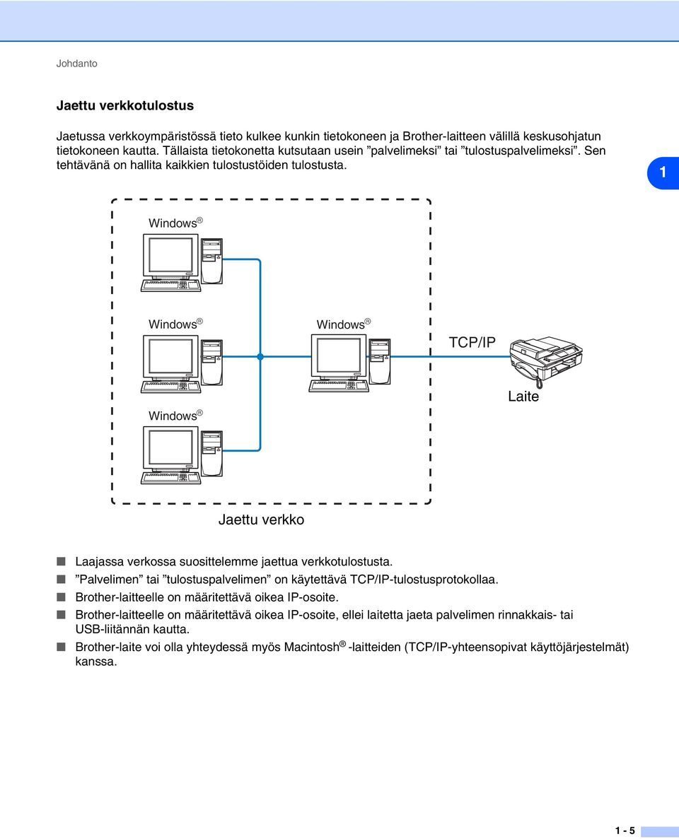 1 Windows R Windows R Windows R TCP/IP Laite Windows R Jaettu verkko Laajassa verkossa suosittelemme jaettua verkkotulostusta.