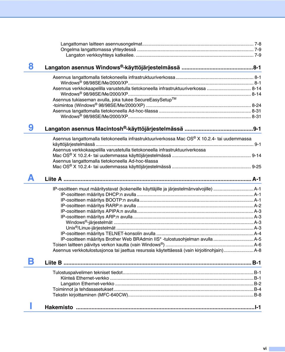 .. 8-14 Windows 98/98SE/Me/2000/XP... 8-14 Asennus tukiaseman avulla, joka tukee SecureEasySetup TM -toimintoa (Windows 98/98SE/Me/2000/XP)... 8-24 Asennus langattomalla tietokoneella Ad-hoc-tilassa.
