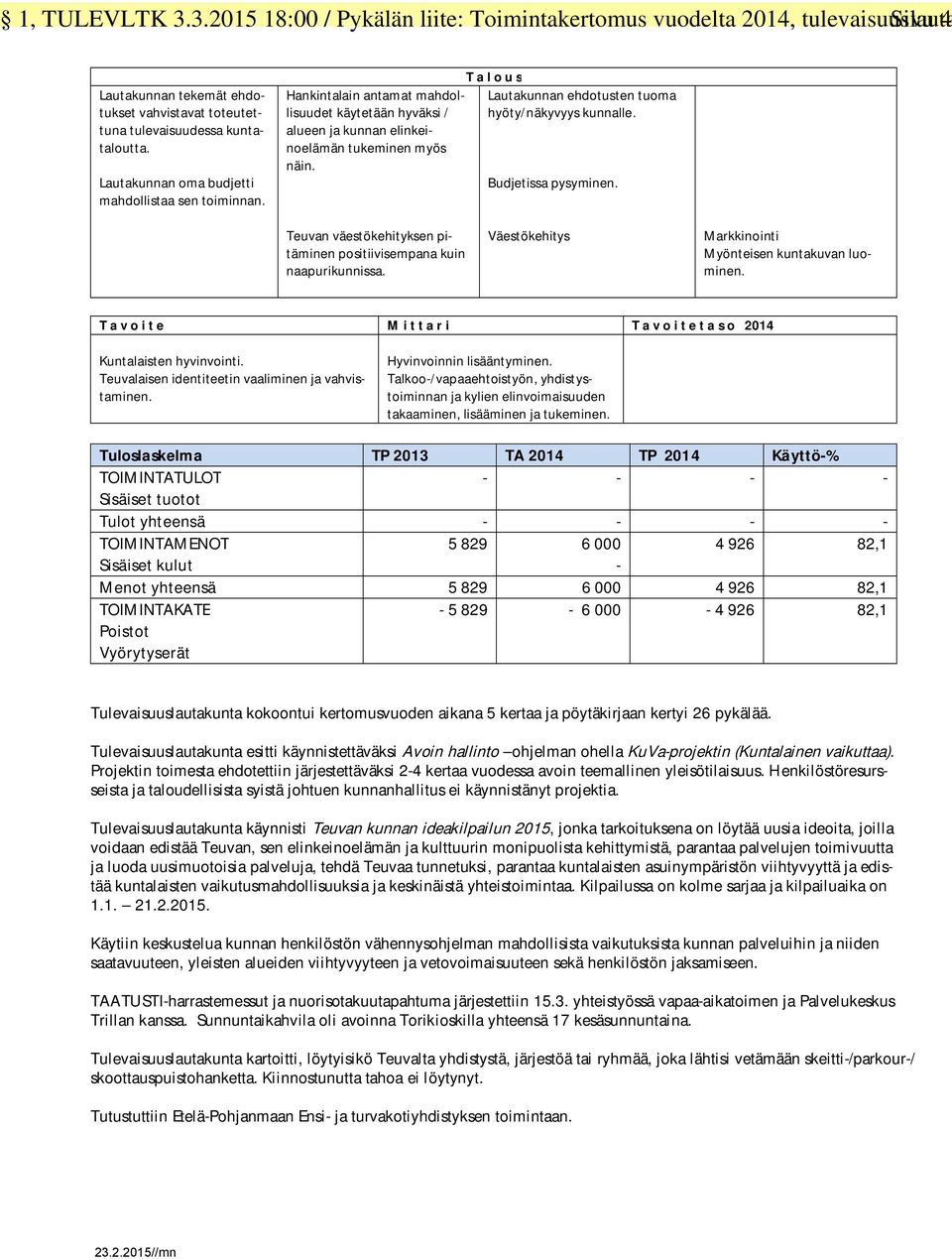 T a l o u s Lautakunnan ehdotusten tuoma hyöty/näkyvyys kunnalle. Budjetissa pysyminen. Teuvan väestökehityksen pitäminen positiivisempana kuin naapurikunnissa.