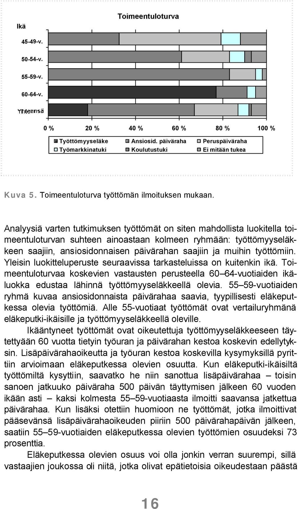 Analyysiä varten tutkimuksen työttömät on siten mahdollista luokitella toimeentuloturvan suhteen ainoastaan kolmeen ryhmään: työttömyyseläkkeen saajiin, ansiosidonnaisen päivärahan saajiin ja muihin