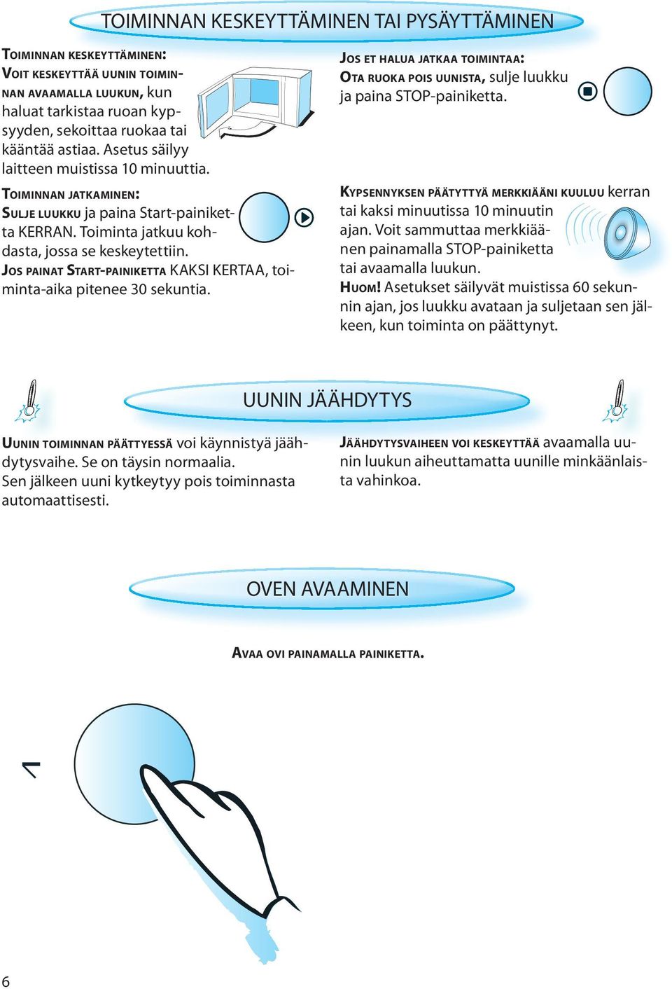 JOS PAINAT START-PAINIKETTA KAKSI KERTAA, toiminta-aika pitenee 30 sekuntia. JOS ET HALUA JATKAA TOIMINTAA: OTA RUOKA POIS UUNISTA, sulje luukku ja paina STOP-painiketta.