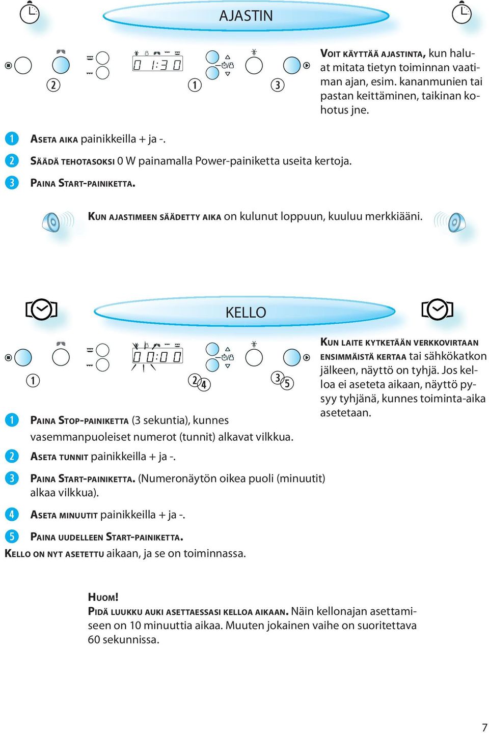 KELLO PAINA STOP-PAINIKETTA (3 sekuntia), kunnes vasemmanpuoleiset numerot (tunnit) alkavat vilkkua. ASETA TUNNIT painikkeilla + ja -. PAINA START-PAINIKETTA.