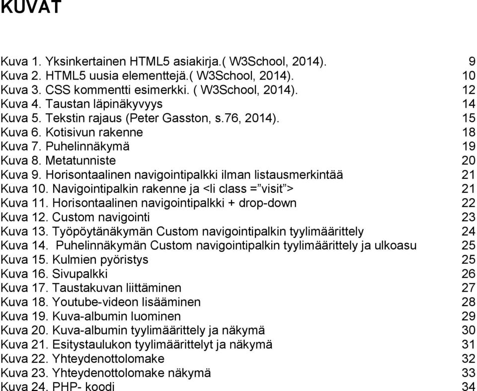 Horisontaalinen navigointipalkki ilman listausmerkintää 21 Kuva 10. Navigointipalkin rakenne ja <li class = visit > 21 Kuva 11. Horisontaalinen navigointipalkki + drop-down 22 Kuva 12.