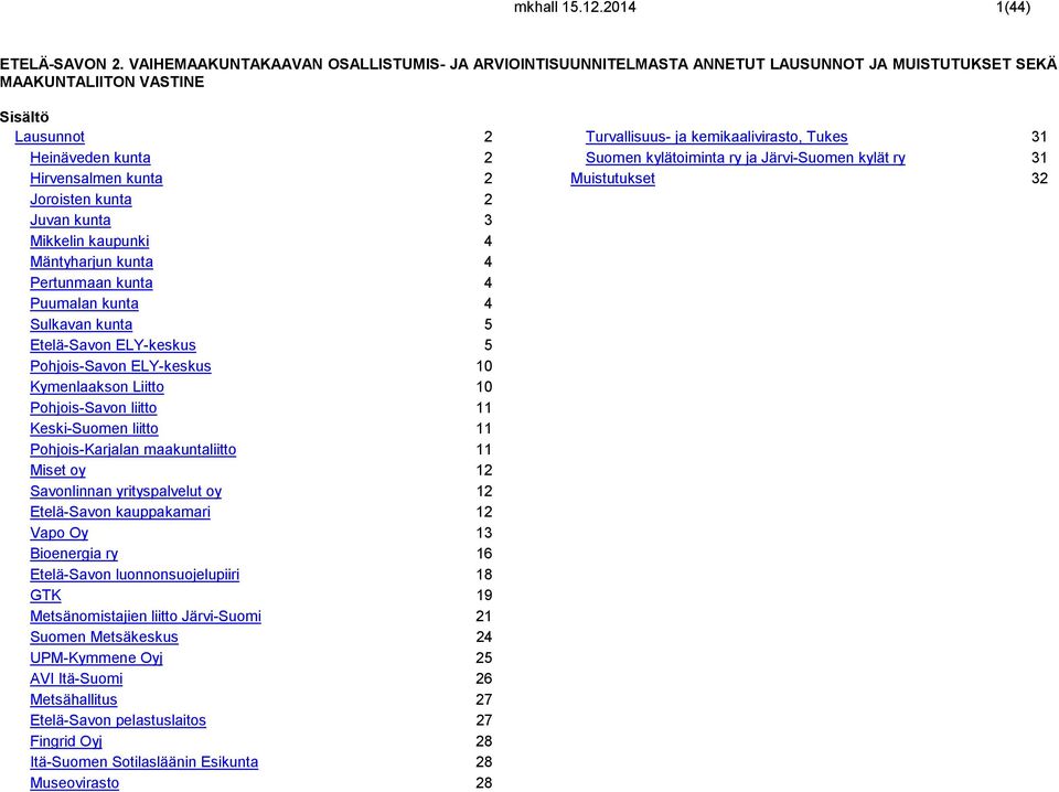 2 Juvan kunta 3 Mikkelin kaupunki 4 Mäntyharjun kunta 4 Pertunmaan kunta 4 Puumalan kunta 4 Sulkavan kunta 5 Etelä-Savon ELY-keskus 5 Pohjois-Savon ELY-keskus 10 Kymenlaakson Liitto 10 Pohjois-Savon