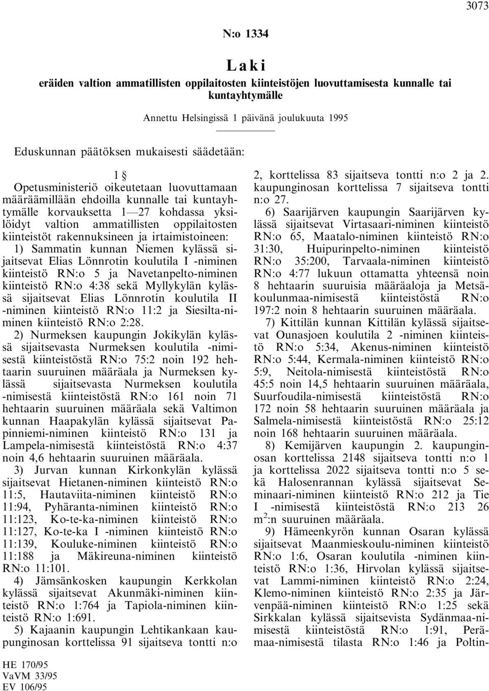 rakennuksineen ja irtaimistoineen: 1) Sammatin kunnan Niemen kylässä sijaitsevat Elias Lönnrotin koulutila I -niminen kiinteistö RN:o 5 ja Navetanpelto-niminen kiinteistö RN:o 4:38 sekä Myllykylän