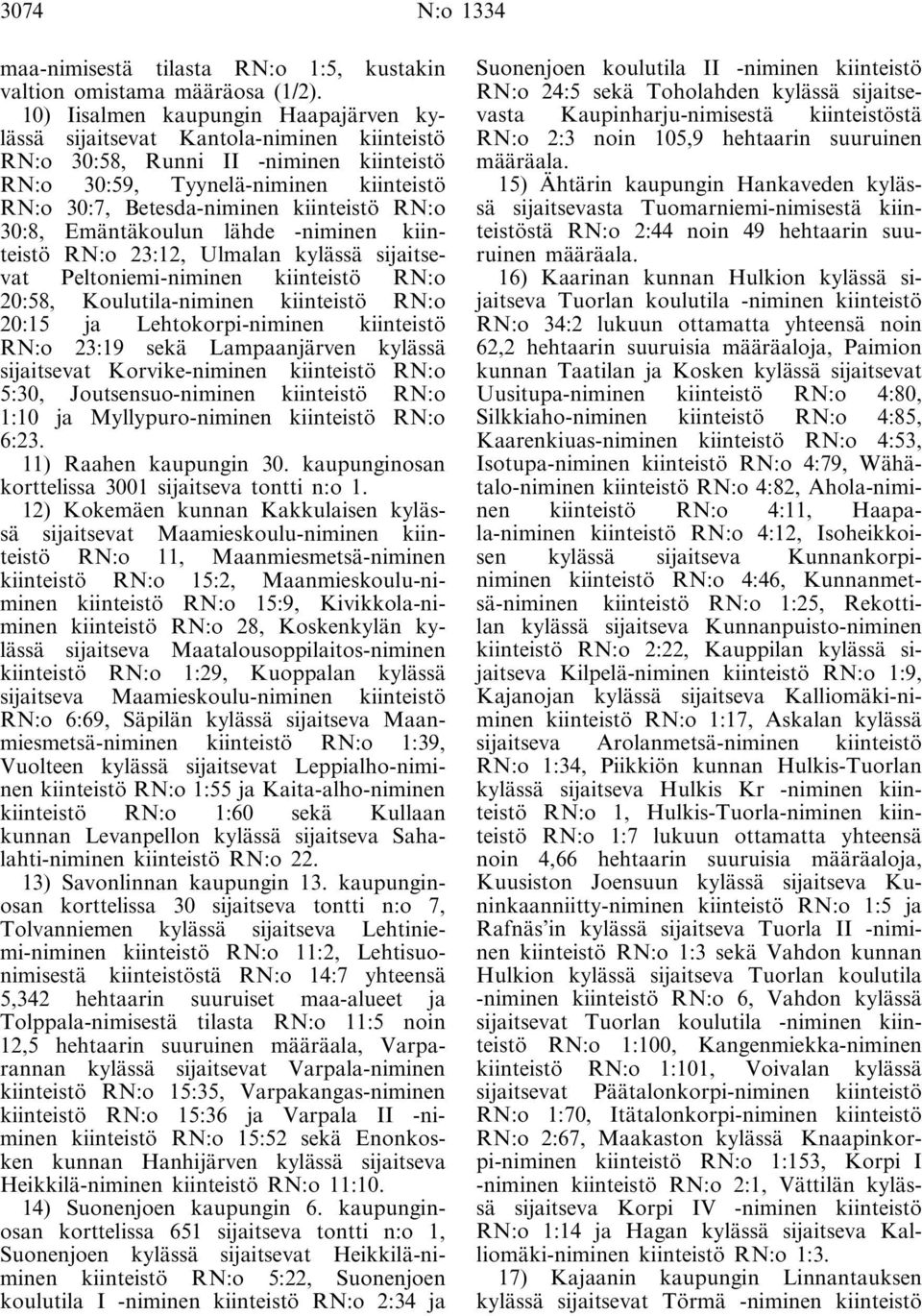 RN:o 30:8, Emäntäkoulun lähde -niminen kiinteistö RN:o 23:12, Ulmalan kylässä sijaitsevat Peltoniemi-niminen kiinteistö RN:o 20:58, Koulutila-niminen kiinteistö RN:o 20:15 ja Lehtokorpi-niminen