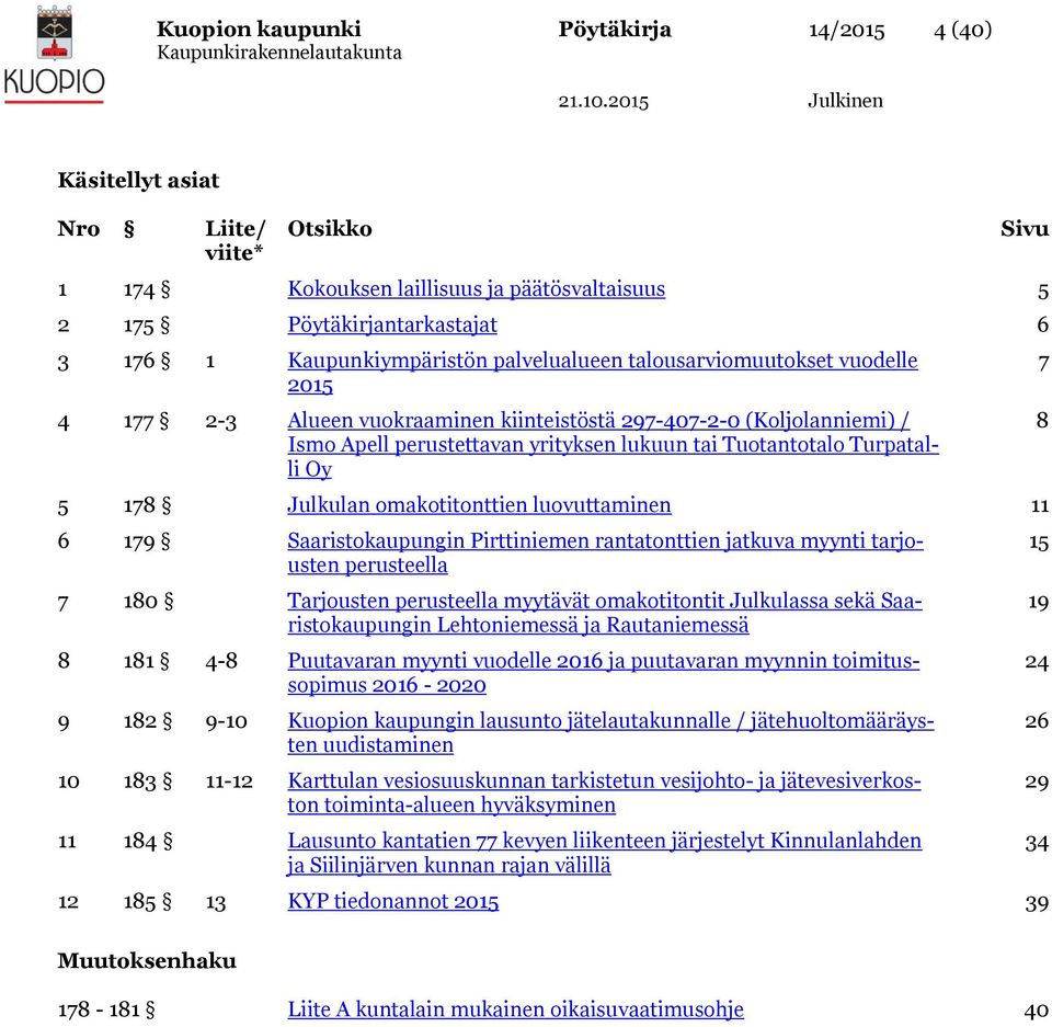 Tuotantotalo Turpatalli Oy 5 178 Julkulan omakotitonttien luovuttaminen 11 6 179 Saaristokaupungin Pirttiniemen rantatonttien jatkuva myynti tarjousten perusteella 7 180 Tarjousten perusteella