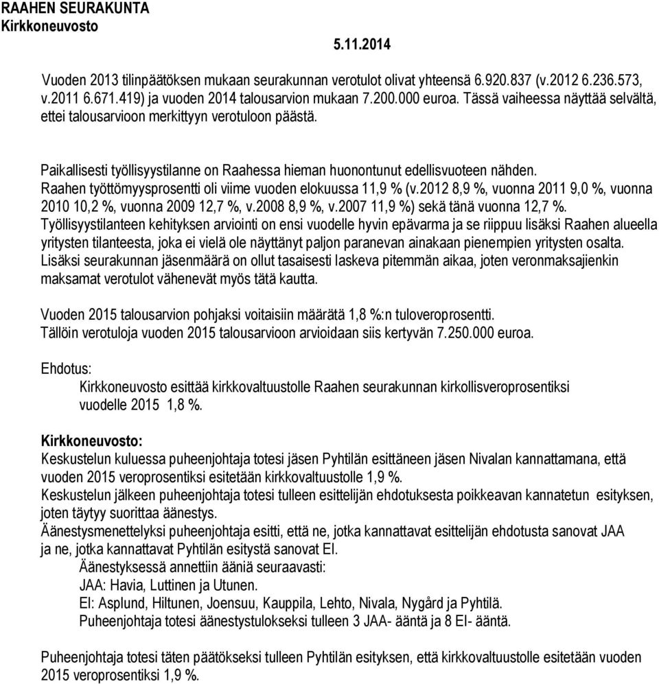 Raahen työttömyysprosentti oli viime vuoden elokuussa 11,9 % (v.2012 8,9 %, vuonna 2011 9,0 %, vuonna 2010 10,2 %, vuonna 2009 12,7 %, v.2008 8,9 %, v.2007 11,9 %) sekä tänä vuonna 12,7 %.