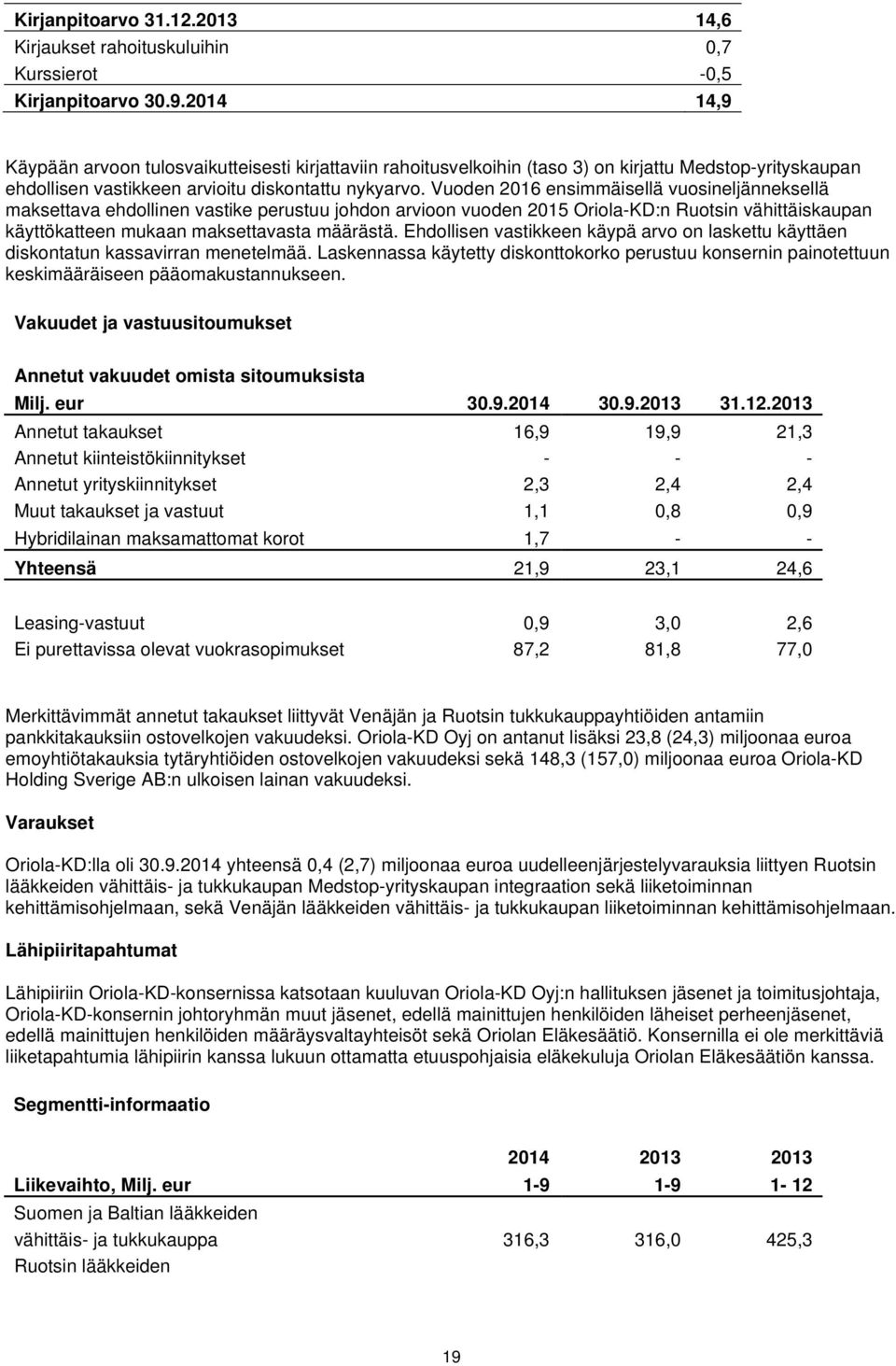 Vuoden 2016 ensimmäisellä vuosineljänneksellä maksettava ehdollinen vastike perustuu johdon arvioon vuoden 2015 Oriola-KD:n Ruotsin vähittäiskaupan käyttökatteen mukaan maksettavasta määrästä.