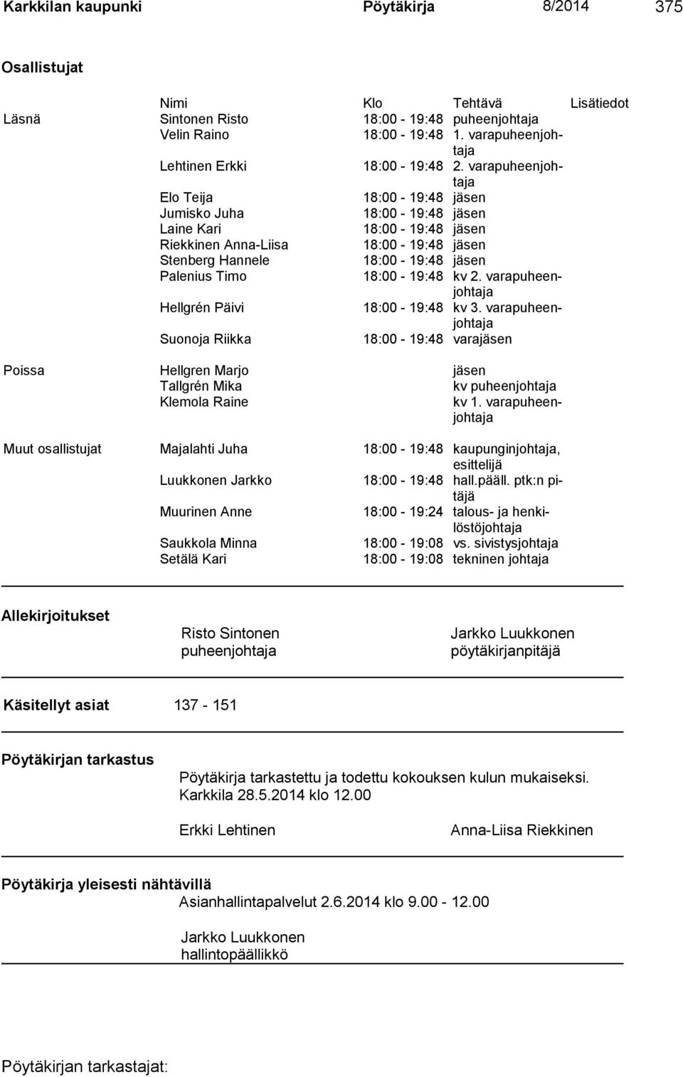 varapuheenjohtaja Elo Teija 18:00-19:48 jäsen Jumisko Juha 18:00-19:48 jäsen Laine Kari 18:00-19:48 jäsen Riekkinen Anna-Liisa 18:00-19:48 jäsen Stenberg Hannele 18:00-19:48 jäsen Palenius Timo