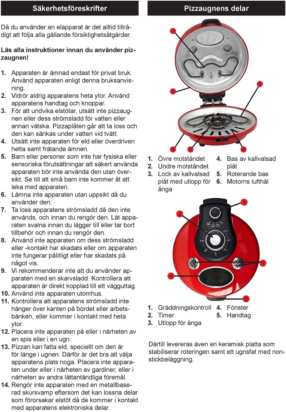 För att undvika elstötar, utsätt inte pizzaugnen eller dess strömsladd för vatten eller annan vätska. Pizzaplåten går att ta loss och den kan sänkas under vatten vid tvätt. 4.