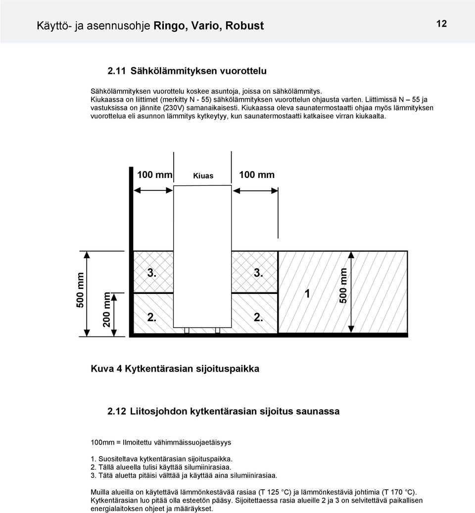 Kiukaassa oleva saunatermostaatti ohjaa myös lämmityksen vuorottelua eli asunnon lämmitys kytkeytyy, kun saunatermostaatti katkaisee virran kiukaalta. 100 mm Kiuas 100 mm 500 mm 20