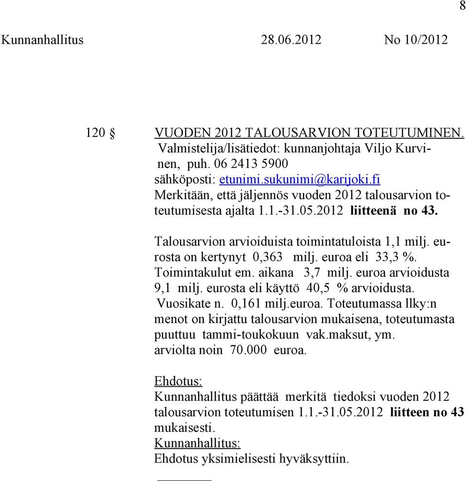 euroa eli 33,3 %. Toimintakulut em. aikana 3,7 milj. euroa arvioidusta 9,1 milj. eurosta eli käyttö 40,5 % arvioidusta. Vuosikate n. 0,161 milj.euroa. Toteutumassa llky:n menot on kirjattu talousarvion mukaisena, toteutumasta puuttuu tammi-toukokuun vak.