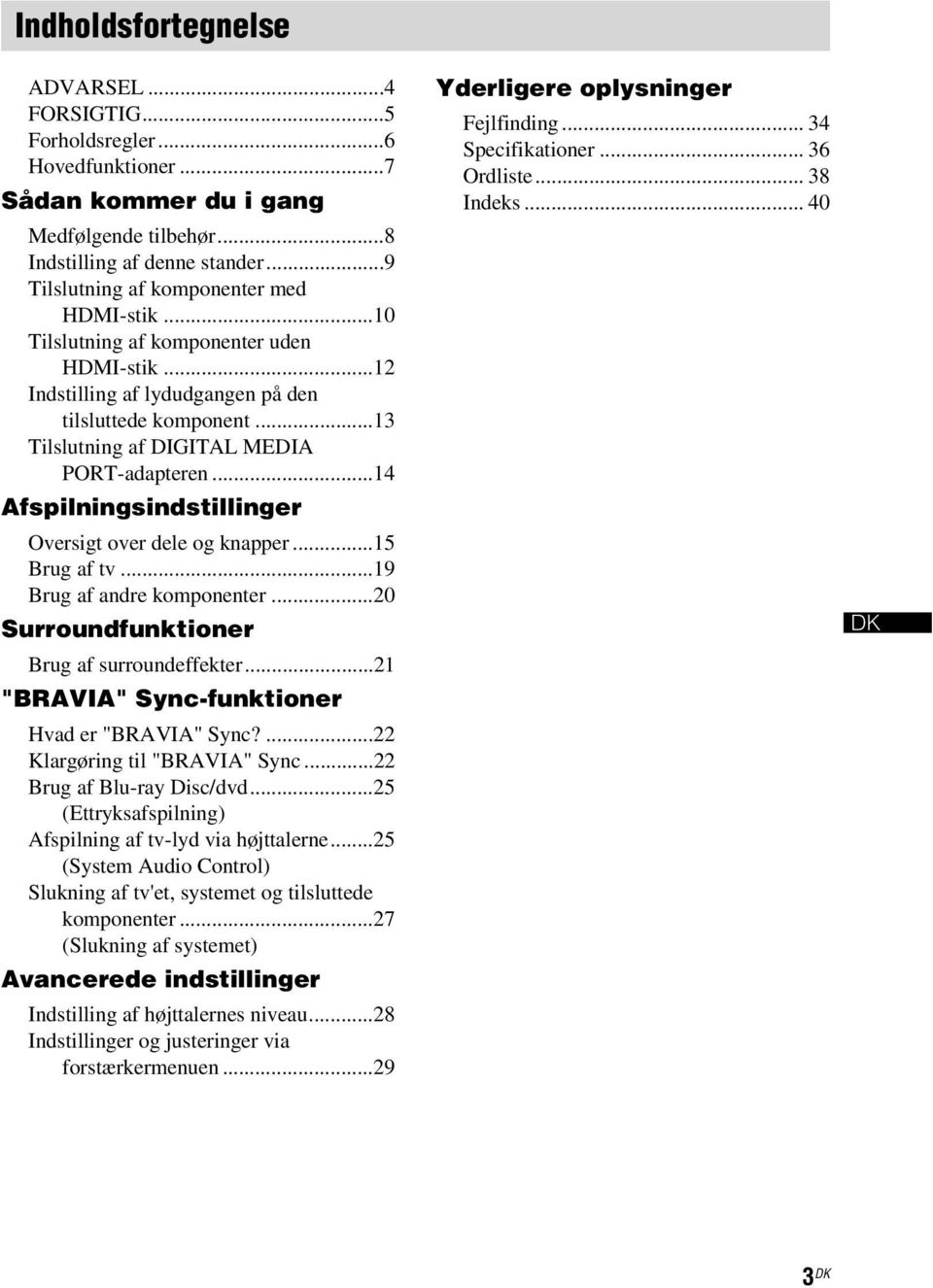 ..14 Afspilningsindstillinger Oversigt over dele og knapper...15 Brug af tv...19 Brug af andre komponenter...20 Surroundfunktioner Brug af surroundeffekter.