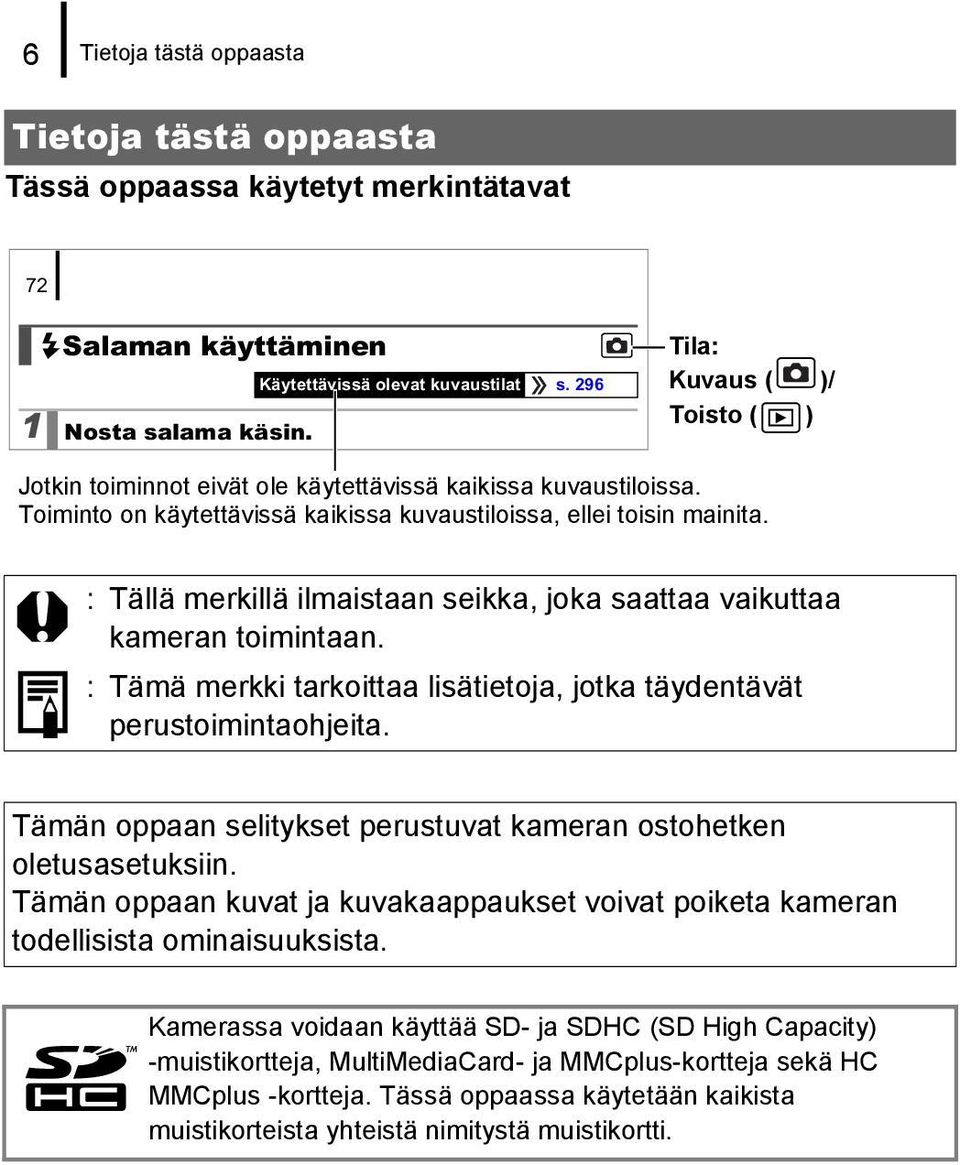 : Tällä merkillä ilmaistaan seikka, joka saattaa vaikuttaa kameran toimintaan. : Tämä merkki tarkoittaa lisätietoja, jotka täydentävät perustoimintaohjeita.