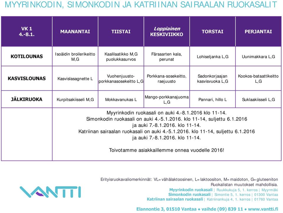 Mango-porkkanajuoma Pannari, hillo L Suklaakiisseli Myyrinkodin ruokasali on auki 4.-8.1.2016 klo 11-14. Simonkodin ruokasali on auki 4.-5.1.2016. klo 11-14, suljettu 6.1.2016 ja auki 7.