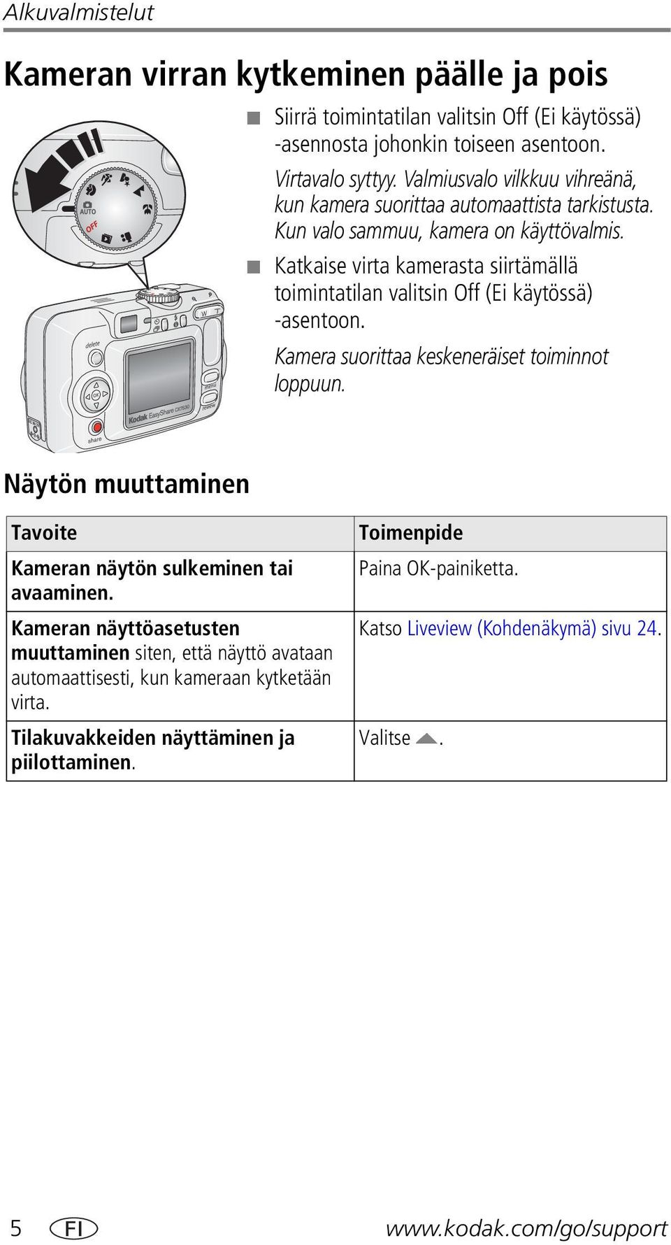 Katkaise virta kamerasta siirtämällä toimintatilan valitsin Off (Ei käytössä) -asentoon. Kamera suorittaa keskeneräiset toiminnot loppuun.