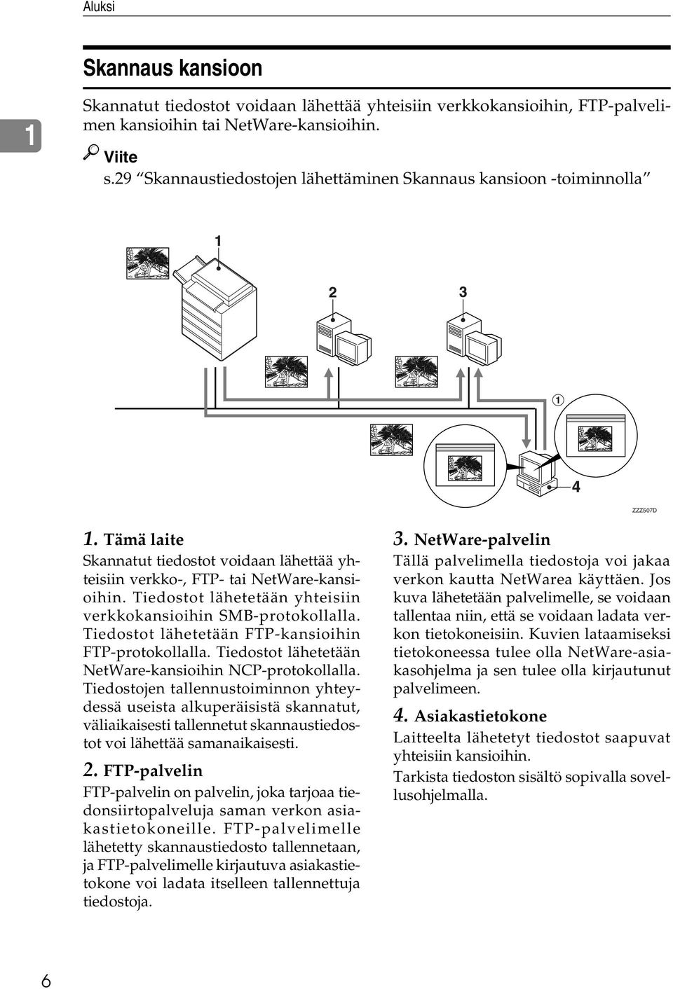 Tiedostot lähetetään yhteisiin verkkokansioihin SMB-protokollalla. Tiedostot lähetetään FTP-kansioihin FTP-protokollalla. Tiedostot lähetetään NetWare-kansioihin NCP-protokollalla.