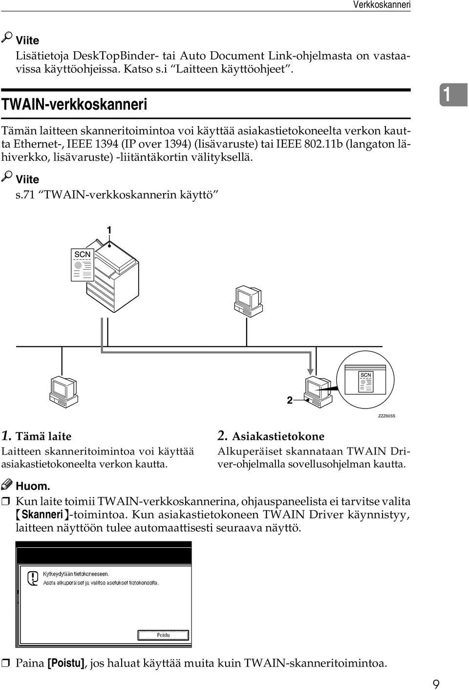 11b (langaton lähiverkko, lisävaruste) -liitäntäkortin välityksellä. Viite s.71 TWAIN-verkkoskannerin käyttö ZZZ605S 1.