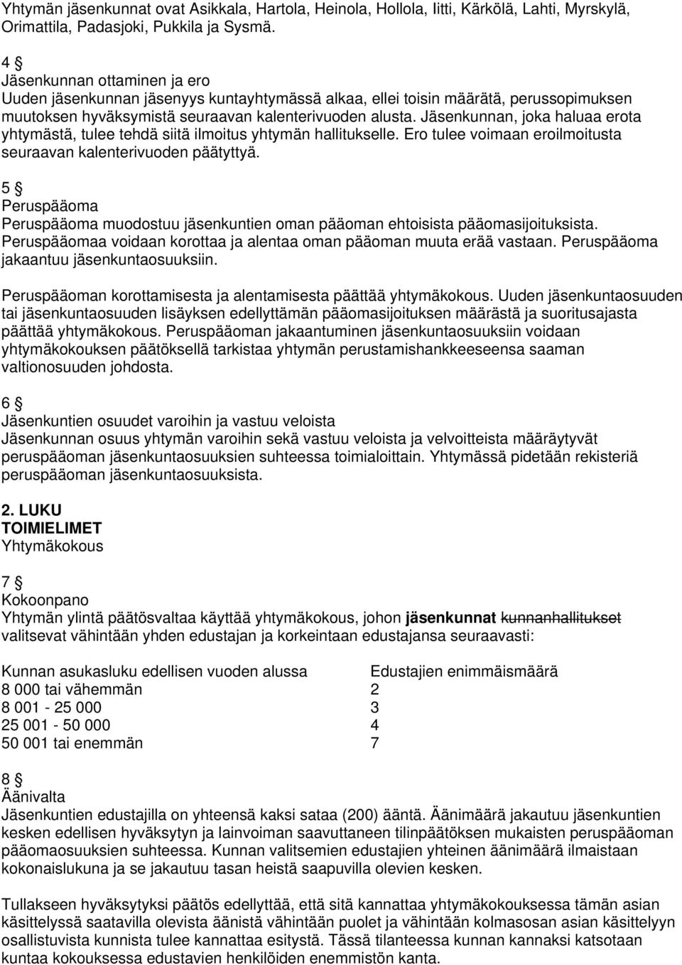 Jäsenkunnan, joka haluaa erota yhtymästä, tulee tehdä siitä ilmoitus yhtymän hallitukselle. Ero tulee voimaan eroilmoitusta seuraavan kalenterivuoden päätyttyä.