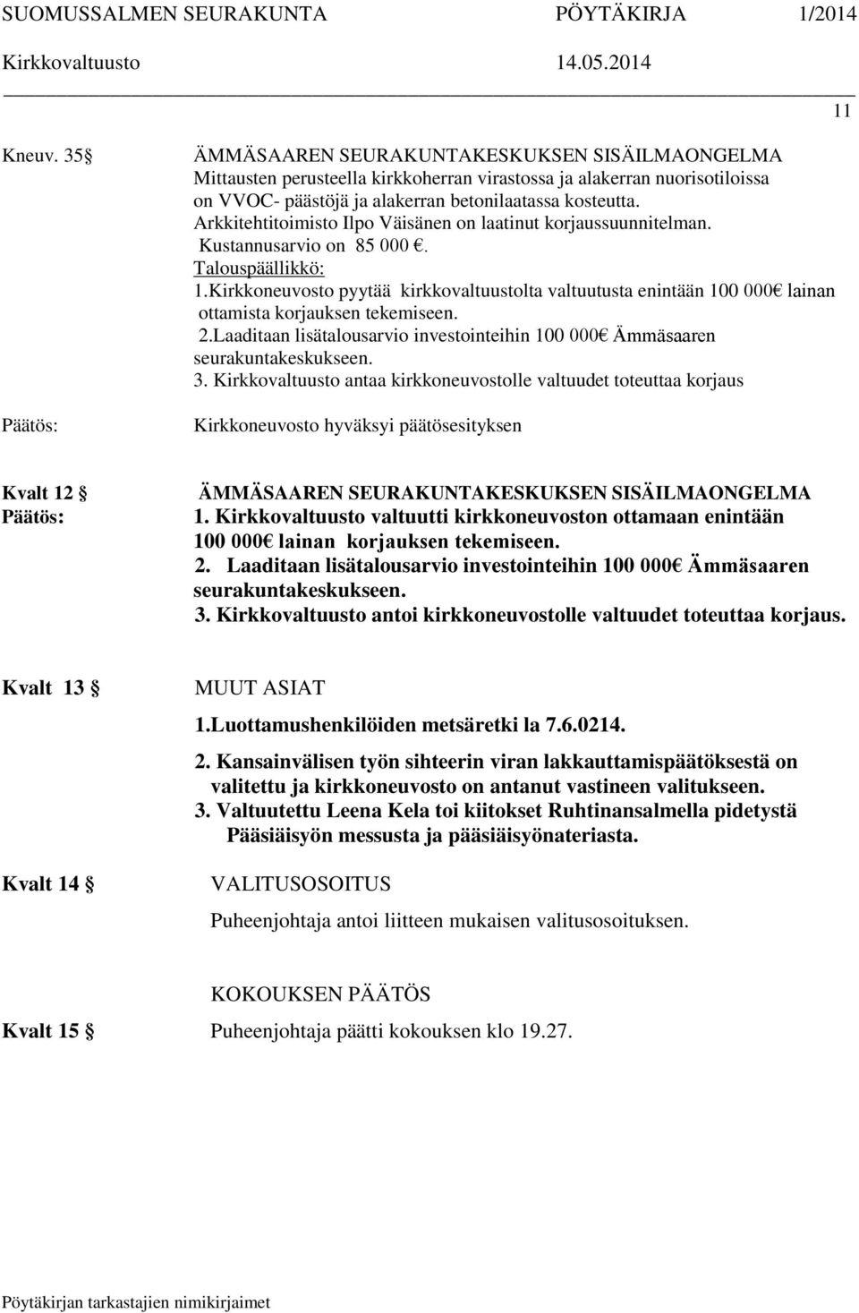 Kirkkoneuvosto pyytää kirkkovaltuustolta valtuutusta enintään 100 000 lainan ottamista korjauksen tekemiseen. 2.Laaditaan lisätalousarvio investointeihin 100 000 Ämmäsaaren seurakuntakeskukseen. 3.