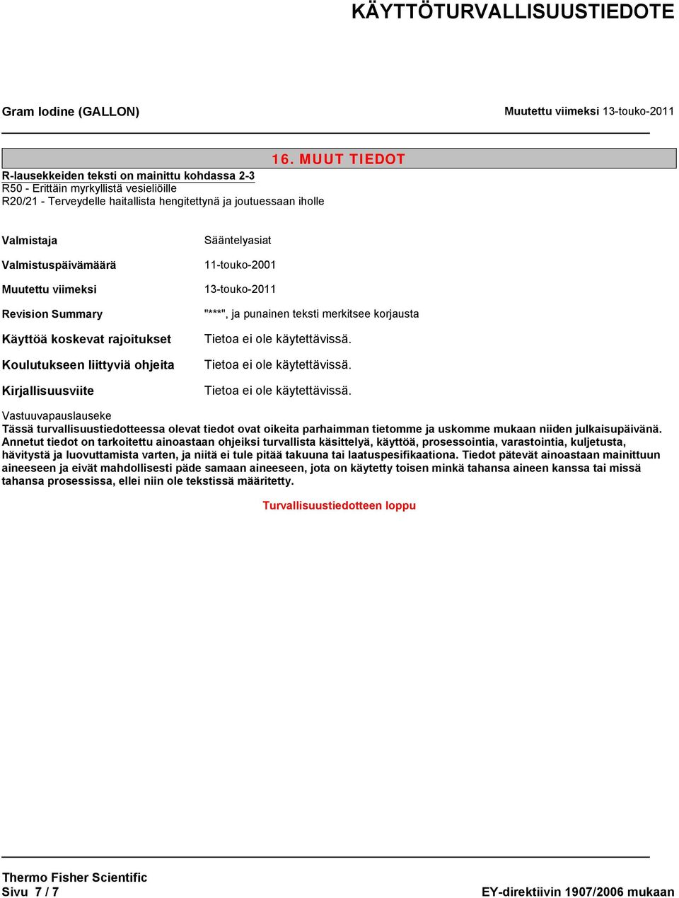 teksti merkitsee korjausta Vastuuvapauslauseke Tässä turvallisuustiedotteessa olevat tiedot ovat oikeita parhaimman tietomme ja uskomme mukaan niiden julkaisupäivänä.