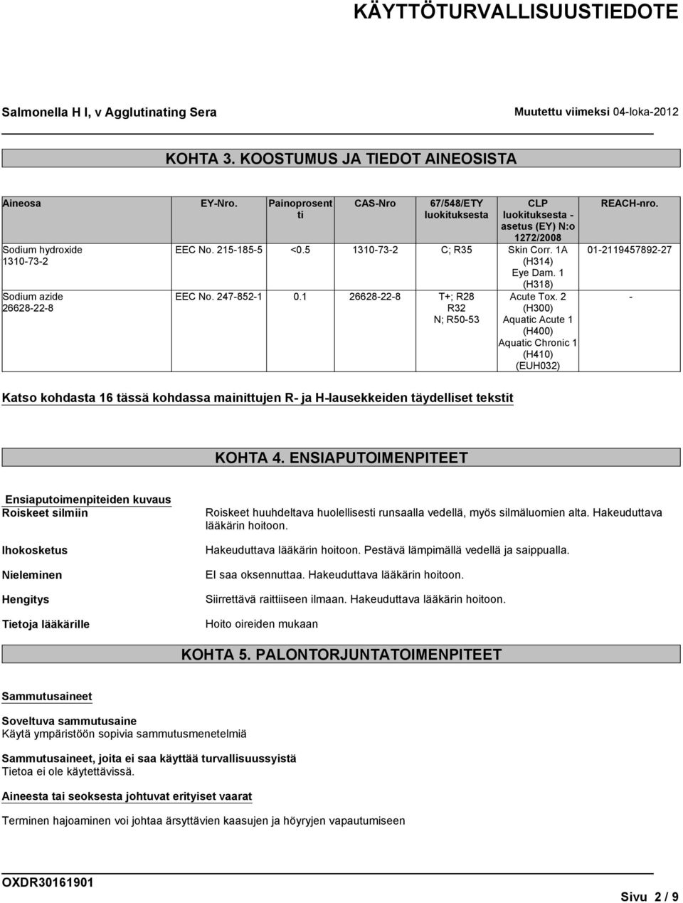 2 (H300) Aquatic Acute 1 (H400) Aquatic Chronic 1 (H410) (EUH032) REACH-nro. 01-2119457892-27 - Katso kohdasta 16 tässä kohdassa mainittujen R- ja H-lausekkeiden täydelliset tekstit KOHTA 4.