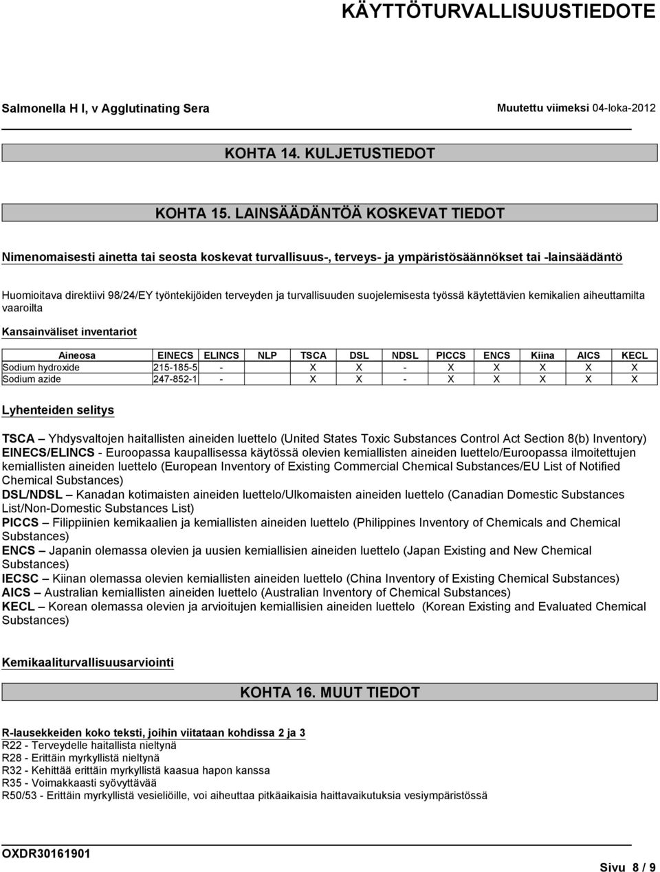 turvallisuuden suojelemisesta työssä käytettävien kemikalien aiheuttamilta vaaroilta Kansainväliset inventariot Aineosa EINECS ELINCS NLP TSCA DSL NDSL PICCS ENCS Kiina AICS KECL Sodium hydroxide