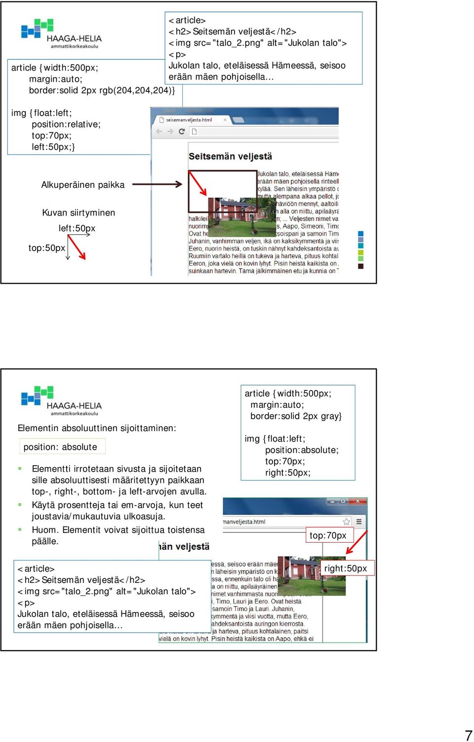 position:relative; top:70px; left:50px;} Alkuperäinen paikka Kuvan siirtyminen left:50px top:50px Elementin absoluuttinen sijoittaminen: position: absolute Elementti irrotetaan sivusta ja sijoitetaan