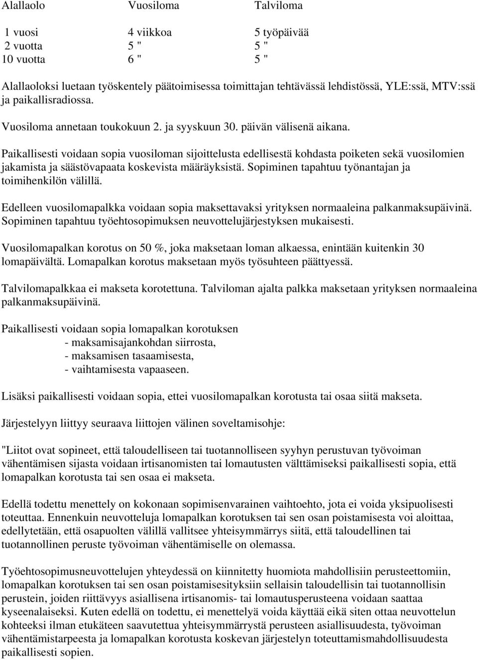 Paikallisesti voidaan sopia vuosiloman sijoittelusta edellisestä kohdasta poiketen sekä vuosilomien jakamista ja säästövapaata koskevista määräyksistä.