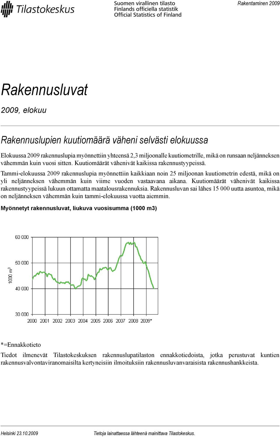 Tammi-elokuussa 2009 rakennuslupia myönnettiin kaikkiaan noin 25 miljoonan kuutiometrin edestä, mikä on yli neljänneksen vähemmän kuin viime vuoden vastaavana aikana.