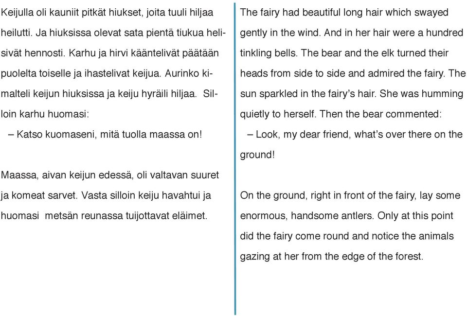 And in her hair were a hundred tinkling bells. The bear and the elk turned their heads from side to side and admired the fairy. The sun sparkled in the fairy s hair.