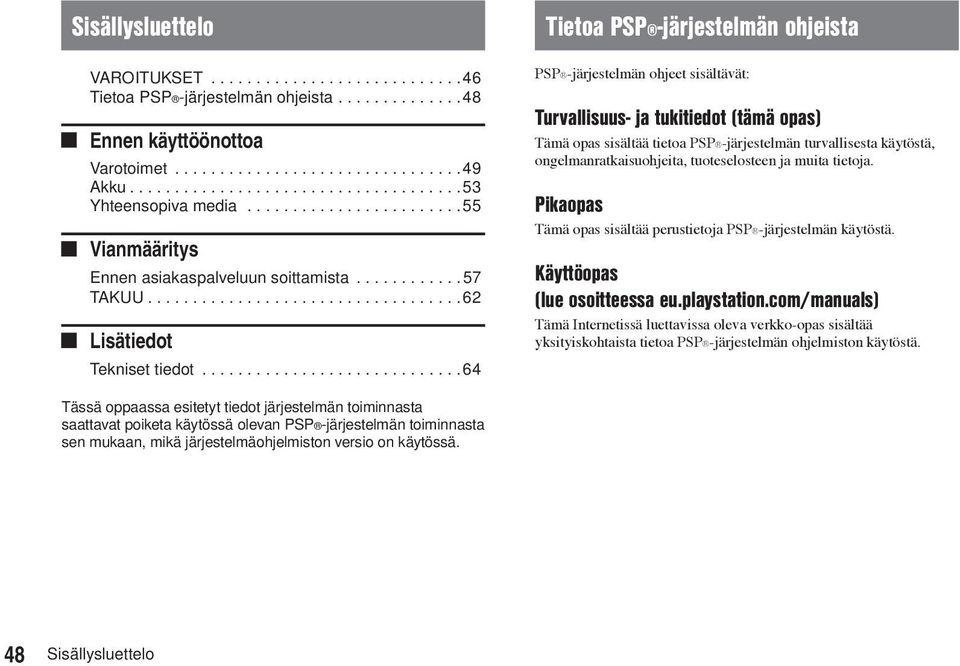 .. 64 Tietoa PSP -järjestelmän ohjeista PSP -järjestelmän ohjeet sisältävät: Turvallisuus- ja tukitiedot (tämä opas) Tämä opas sisältää tietoa PSP -järjestelmän turvallisesta käytöstä,