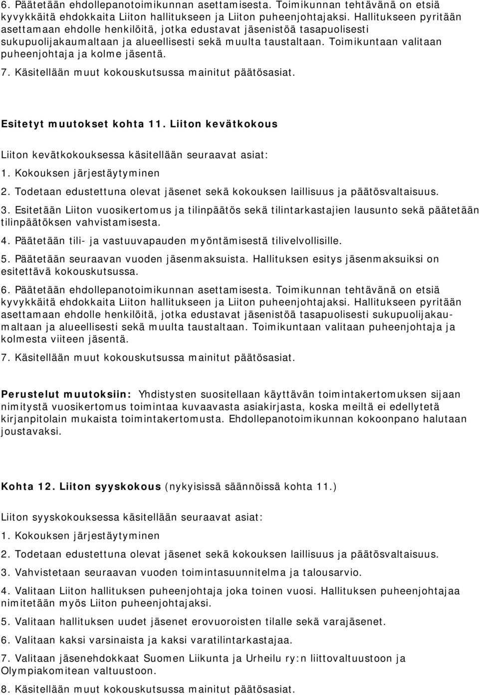 Toimikuntaan valitaan puheenjohtaja ja kolme jäsentä. 7. Käsitellään muut kokouskutsussa mainitut päätösasiat. Esitetyt muutokset kohta 11.