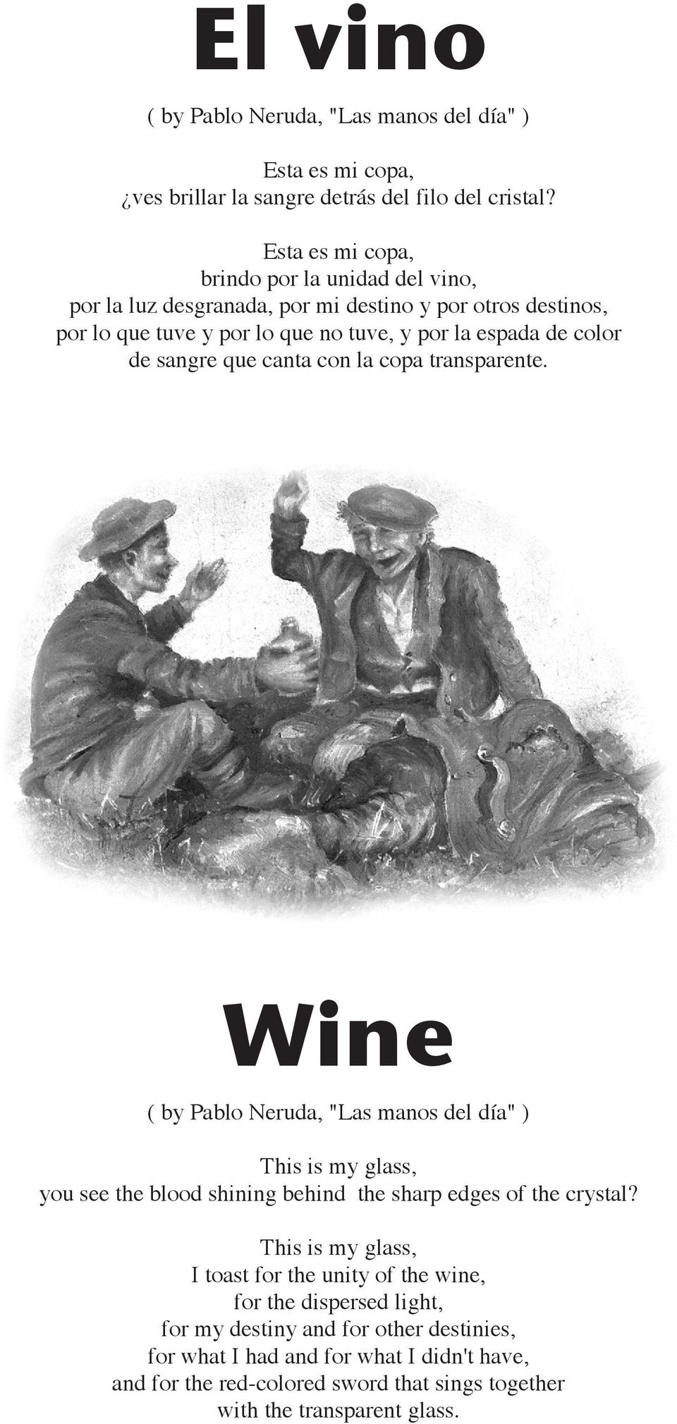 sangre que canta con la copa transparente. Wine ( by Pablo Neruda, "Las manos del día" ) This is my glass, you see the blood shining behind the sharp edges of the crystal?