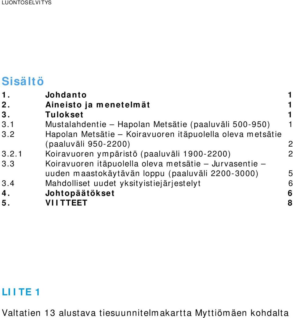 2 Hapolan Metsätie Koiravuoren itäpuolella oleva metsätie (paaluväli 950-2200) 2 3.2.1 Koiravuoren ympäristö (paaluväli 1900-2200) 2 3.