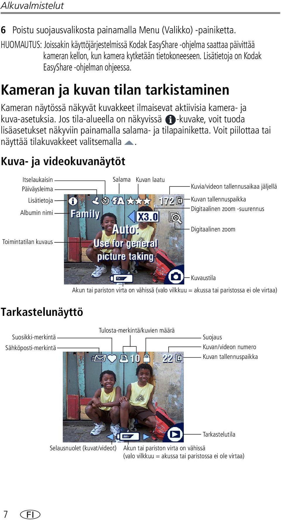 Kameran ja kuvan tilan tarkistaminen Kameran näytössä näkyvät kuvakkeet ilmaisevat aktiivisia kamera- ja kuva-asetuksia.