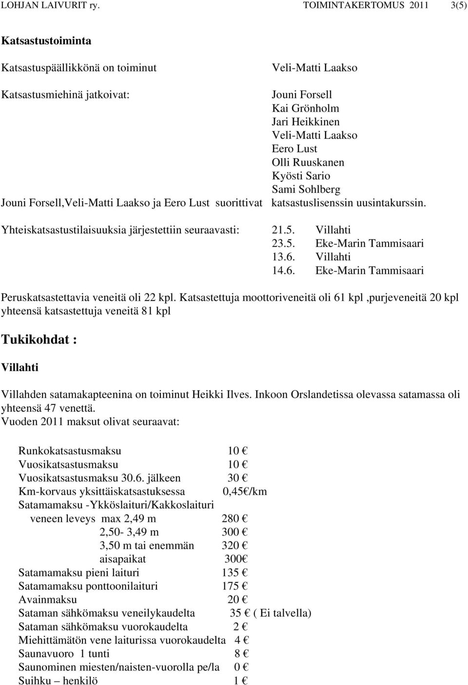 Ruuskanen Kyösti Sario Sami Sohlberg Jouni Forsell,Veli-Matti Laakso ja Eero Lust suorittivat katsastuslisenssin uusintakurssin. Yhteiskatsastustilaisuuksia järjestettiin seuraavasti: 21.5.