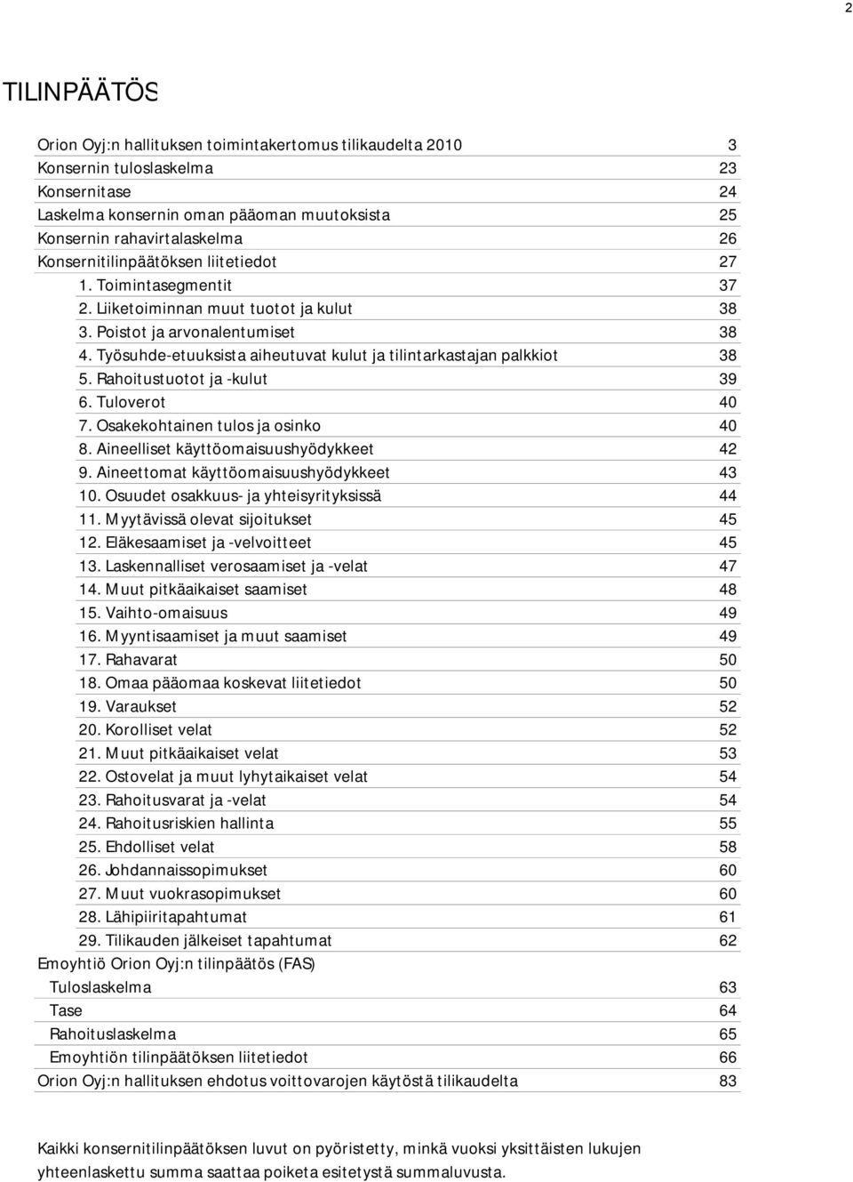 Työsuhde-etuuksista aiheutuvat kulut ja tilintarkastajan palkkiot 38 5. Rahoitustuotot ja -kulut 39 6. Tuloverot 40 7. Osakekohtainen tulos ja osinko 40 8. Aineelliset käyttöomaisuushyödykkeet 42 9.