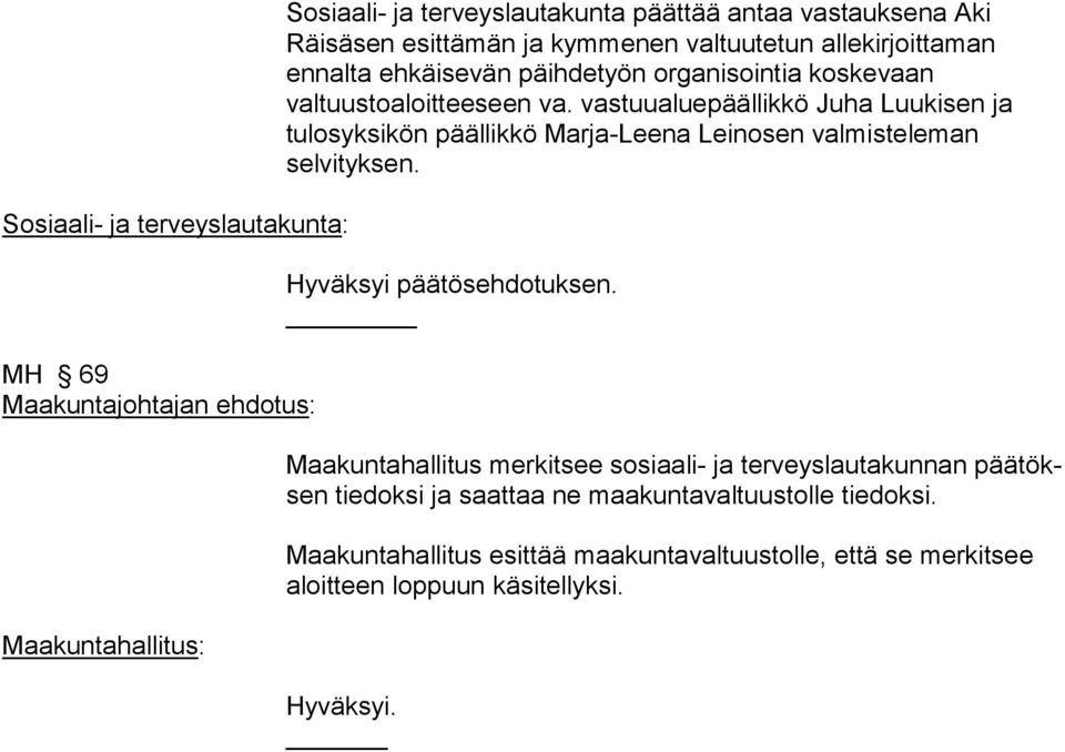 vastuualuepäällikkö Juha Luukisen ja tulosyksikön päällikkö Marja-Leena Leinosen valmisteleman selvityksen. Hyväksyi päätösehdotuksen.