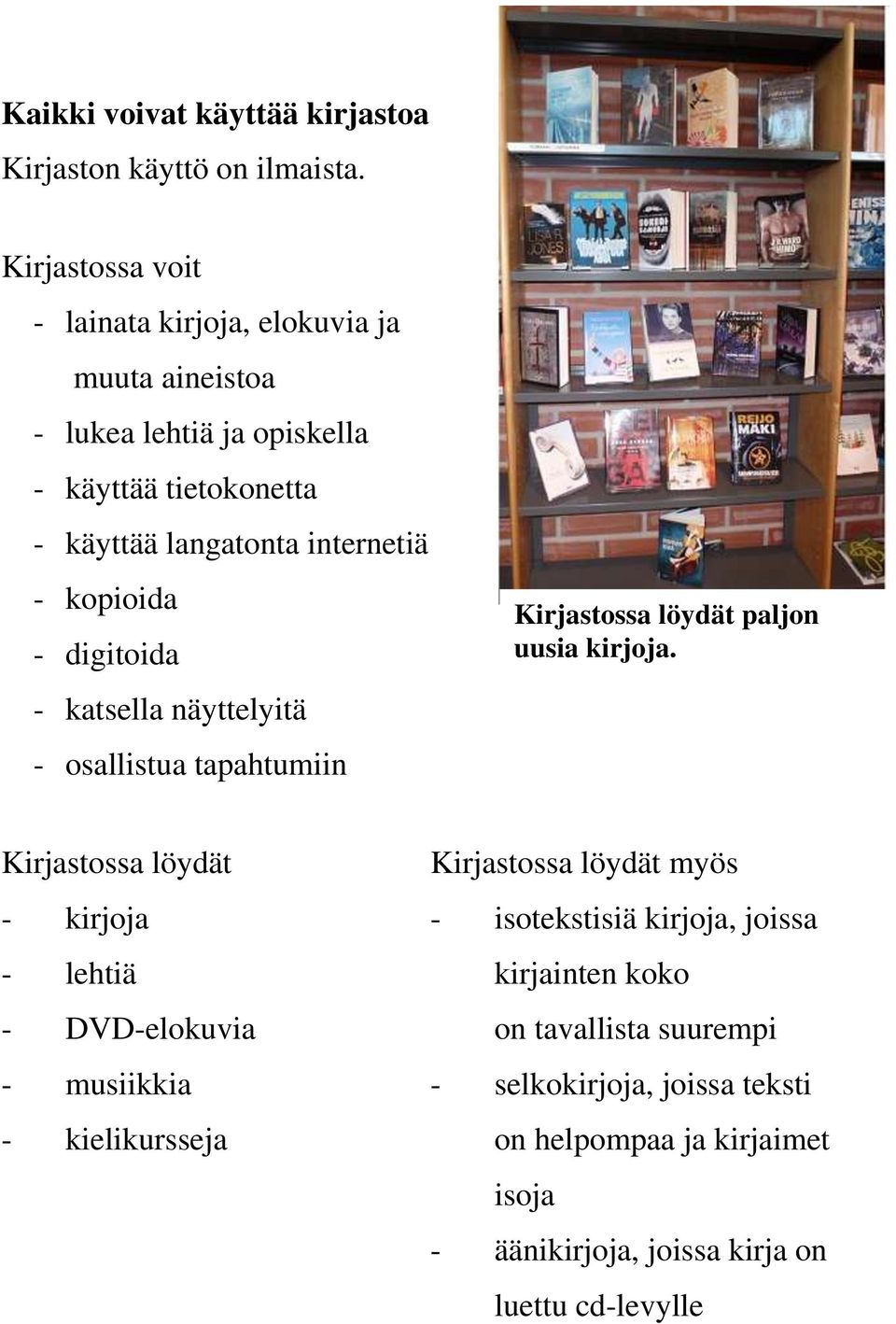 kopioida - digitoida - katsella näyttelyitä - osallistua tapahtumiin Kirjastossa löydät paljon uusia kirjoja.