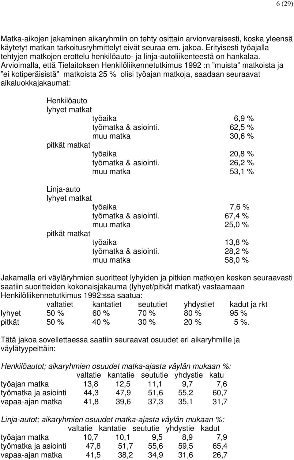 Arvioimalla, että Tielaitoksen Henkilöliikennetutkimus 1992 :n muista matkoista ja ei kotiperäisistä matkoista 25 % olisi työajan matkoja, saadaan seuraavat aikaluokkajakaumat: Henkilöauto lyhyet