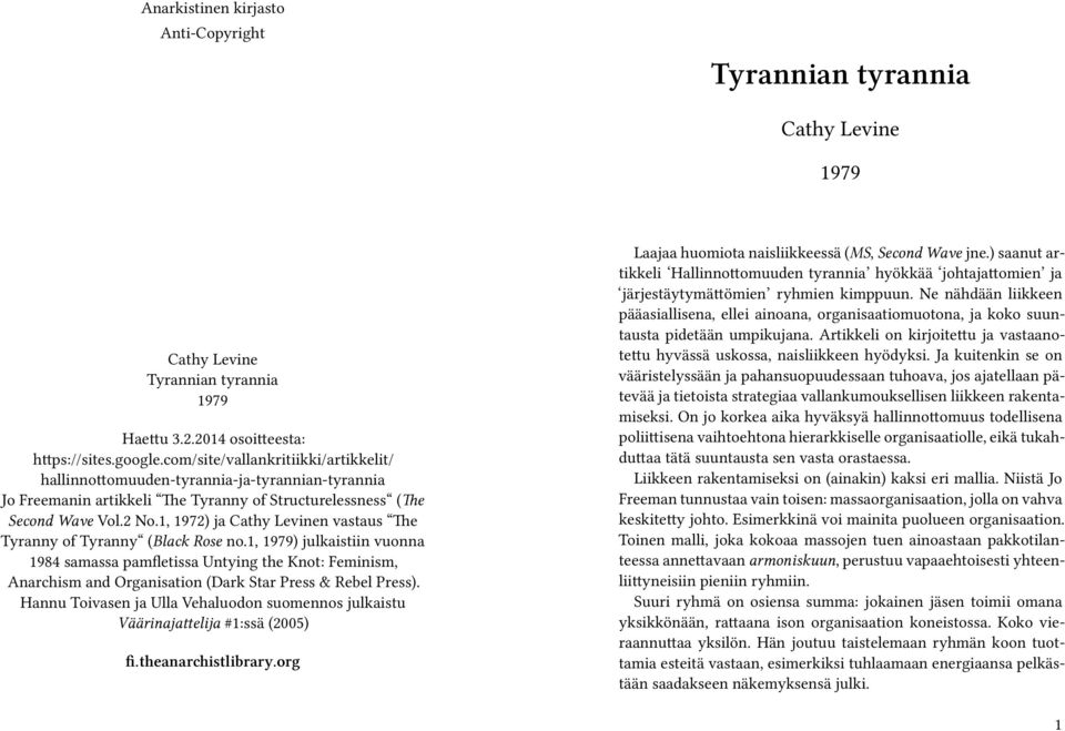1, 1972) ja Cathy Levinen vastaus The Tyranny of Tyranny (Black Rose no.